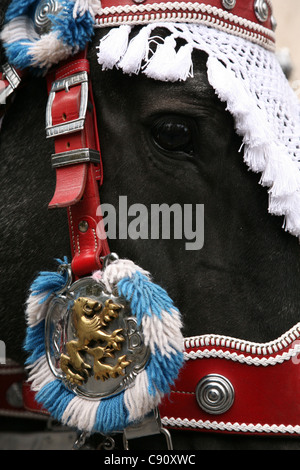 Lowenbrau faisceau cheval vu à la cérémonie d'ouverture de l'Oktoberfest, la fête de la bière à Munich, Allemagne. Banque D'Images