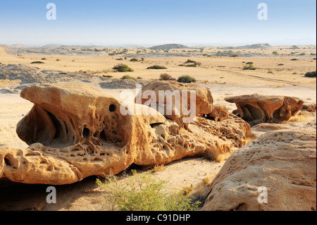 À l'érosion éolienne bizarre rock avec vue sur la savane, désert du Namib, le Namib, Namibie Banque D'Images