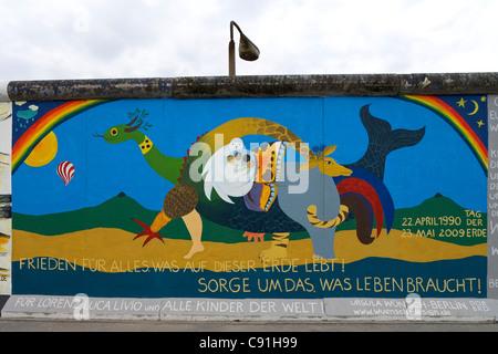 La East Side Gallery le long de la plus longue pièce Muehlenstrasse conservé du mur de Berlin avec 1,3 kilomètres de long le plus long ope Banque D'Images