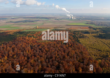 Vue aérienne de la forêt mixte à l'automne couleurs Elm-Lappwald nature park parc Geo UNESCO Buschhaus power plant dans backg Banque D'Images