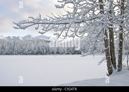 View of Lake Cheney sur une après-midi d'hiver au Anchorage avec Chugach montagnes en arrière-plan, de l'Alaska Banque D'Images