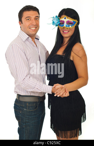 Heureux couple Dancing at party élégante isolé sur fond blanc Banque D'Images