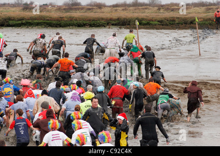 Le "fou" annuel excentrique Maldon Mud Race, a tenu une journée autour de nouvelle année selon les marées, à Maldon, Essex, Angleterre Banque D'Images