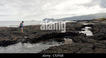 Femme marche sur la côte, l'île de Santiago, Puerto Egas, îles Galapagos, Equateur Banque D'Images