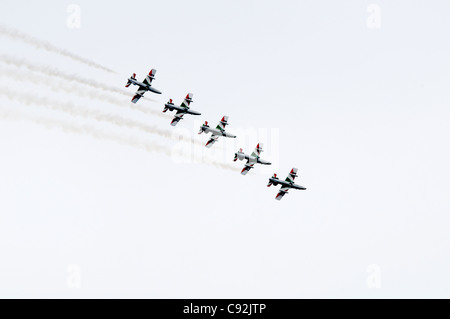 Démonstration de vol par Il Frecce Tricolori. Aemacchi MB339A de l'équipe de voltige de l'Armée de l'air italienne de Rivolto à Royal International Banque D'Images