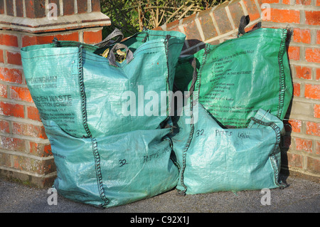 Déchets de jardin sacs vert sur la chaussée en attente de collection par Wokingham District Council plan trottoir, Berkshire, Royaume-Uni Banque D'Images