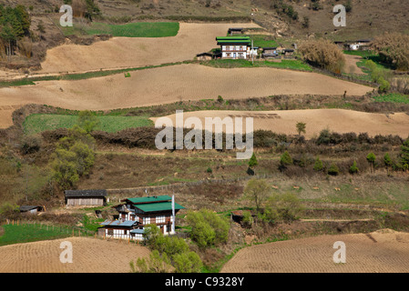 Les fermes de la vallée de Phobjikha fertile. Banque D'Images