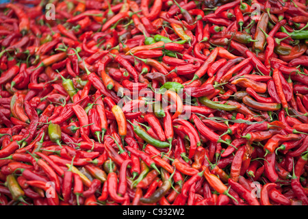 Des piments en vente au marché de plein air de Paro, piments rouges et verts sont très importants pour les ingrédients alimentaires bhoutanais. Banque D'Images