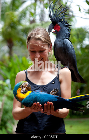 Bali, Ubud. Un touriste pose avec un assortiment d'oiseaux à Bali Bird Park. M. Banque D'Images