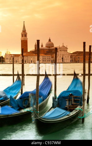 Venise, Vénétie, Italie ; gondoles liée à la Bassin de San Marco en début de matinée. Banque D'Images