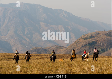 Plateau de Zomba, Malawi. Un safari à cheval est un moyen populaire d'explorer le plateau de Zomba. Banque D'Images