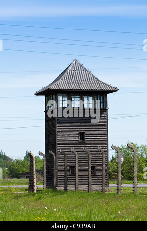 La Pologne, de Brzezinka, Auschwitz II - Birkenau. Une tour de guet en bois près de la clôture de périmètre. Banque D'Images