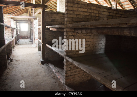 La Pologne, de Brzezinka, Auschwitz II. L'intérieur d'un baraquement dans le camp de femmes. Banque D'Images