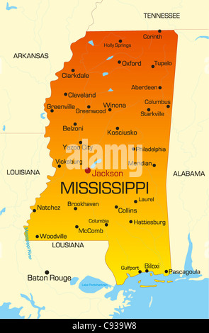 Carte des couleurs de vecteur d'État du Mississippi. Usa Banque D'Images