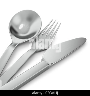 Couteau, fourchette et cuillère sur fond blanc Banque D'Images