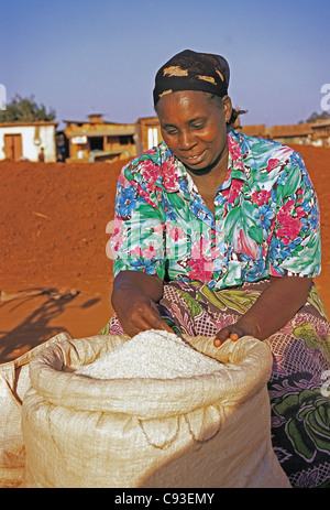 Au bord de la femme Meru Duka avec du riz à vendre Meru Kenya District Banque D'Images