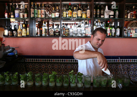 Barman prépare mojito cocktails à la terrasse du toit de l'hôtel Ambos Mundos, dans le centre historique de La Havane, Cuba. Banque D'Images