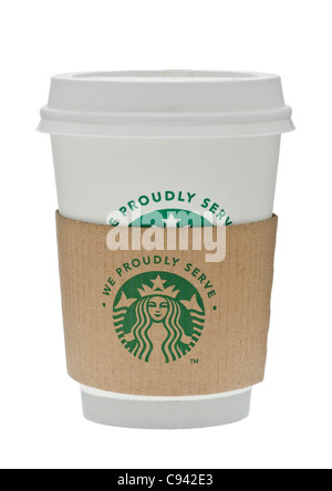 Tasse de café Starbucks avec manchon de protection et montrant nouveau logo Banque D'Images