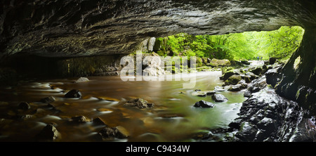 Entrée de la grotte de Porth yr Ogof depuis l'intérieur. Près de Ystradfellte. Le Parc National des Brecon Beacons. Powys. Le Pays de Galles. UK. Banque D'Images