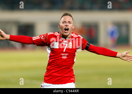 Budapest - 11 novembre : le Hongrois Balazs Dzsudzsak célèbre son but au cours de Hongrie contre le Liechtenstein (5:0) friendly match de football au stade Puskas le 11 novembre 2011 à Budapest, Hongrie. Banque D'Images