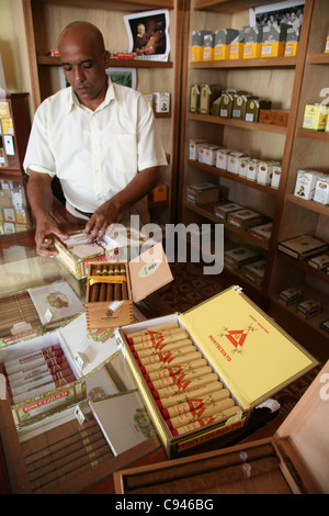 Vendeur montre des boîtes de cigares cubains dans le bureau de tabac Tabac Casa del à Trinidad, Cuba. Banque D'Images