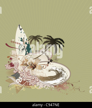 Illustration de la composition de l'été avec plus de Surf big wave, hibiscus, palmiers et curly rayures rétro silhouette Banque D'Images