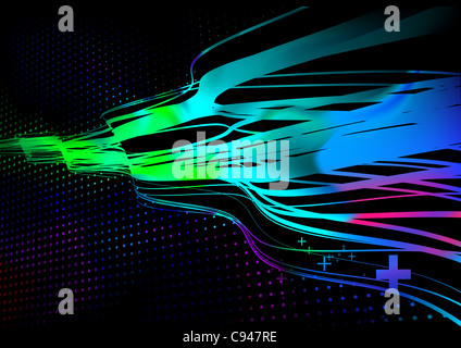 Illustration de panneaux ondulés parsemée de lignes de couleur sur fond noir. Banque D'Images