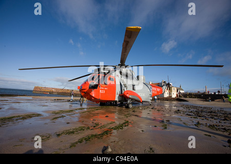823 Sea King en arrivant sur la plage de l'ouest, à North Berwick sur un exercice de formation conjointe avec le RNLI Banque D'Images