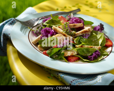 Un poulet salade d'épinards aux fraises en plein air Banque D'Images