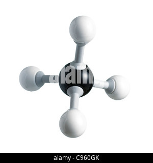 Molécule de méthane. Les atomes sont représentés comme des sphères et sont codés par couleur : carbone (noir) et de l'hydrogène (blanc). Banque D'Images