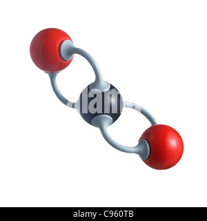 La molécule de dioxyde de carbone. Les atomes sont représentés comme des sphères et sont codés par couleur : carbone (noir) et d'oxygène (rouge). Banque D'Images