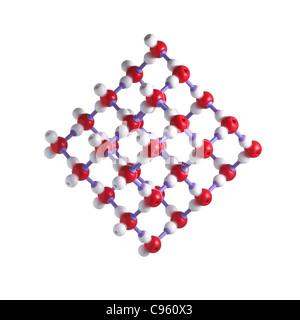 Treillis de glace. Les atomes sont représentés comme des sphères et sont de couleurs différentes : l'oxygène (rouge) et l'hydrogène (blanc). Banque D'Images