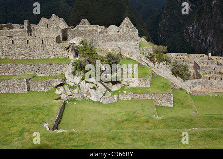 Ancienne ruines Incas de Machu Picchu, site touristique le plus connu dans la région de montagnes des Andes, au Pérou. Banque D'Images