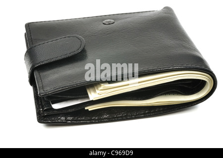 Etui en cuir pleine de dollars, isolated on white Banque D'Images