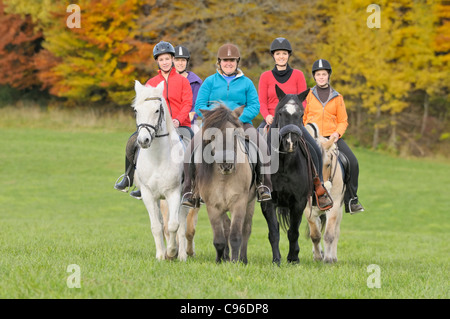 Cinq coureurs sur le dos de poneys divers lors d'une ride à l'automne Banque D'Images