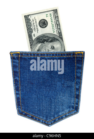 Cent dollars en poche de jean arrière factures isolated on white Banque D'Images