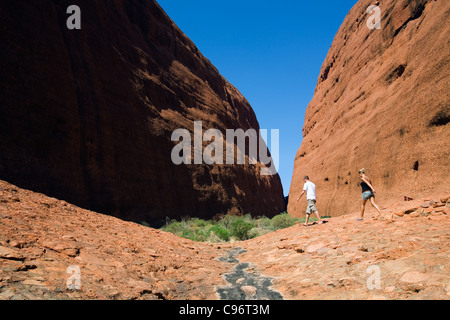 Les randonneurs de Walpa Gorge, à Kata Tjuta (les Olgas). Le Parc National d'Uluru-Kata Tjuta, Territoire du Nord, Australie Banque D'Images