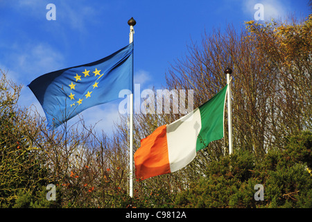 Les drapeaux européens et irlandais voler côte à côte. Banque D'Images