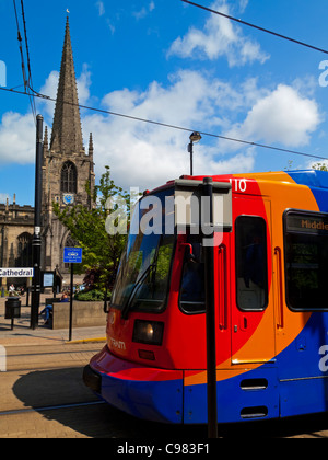 Stagecoach Sheffield Supertram light rail de tramway du centre-ville de Sheffield, Angleterre Royaume-uni exploités par Stagecoach administré par SYPTE Banque D'Images