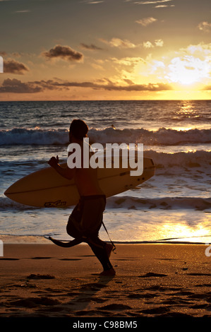 Surfer avec un conseil d'exécution en face de la mer au coucher du soleil, Cadix, Andalousie, Espagne Banque D'Images