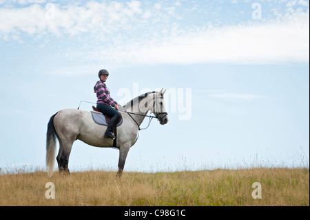 Cheval femelle cavalier au cheval gris sur une colline.format paysage.copier l'espace. Banque D'Images