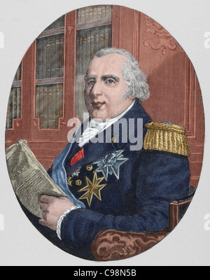 Louis XVIII (1755-1824). Roi de France de 1814-1815 et 1815-24. Frère de Louis XVI. Gravure en couleur. Banque D'Images