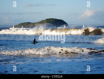 Le fracas des vagues sur la côte, à North Berwick, en Écosse, en novembre. L'île de Craigleith est dans l'arrière-plan. Banque D'Images