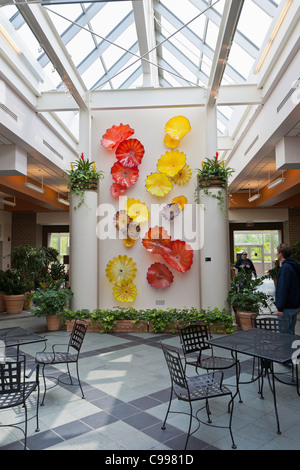 Dale Chihuly glass wall Flower sculpture au Franklin Park Conservatory à Columbus, Ohio. Banque D'Images