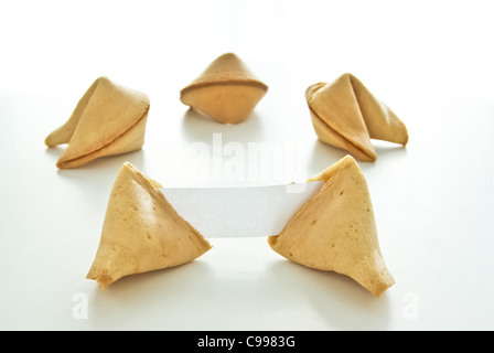 Fortune cookies asiatique avec le papier blanc isolé sur fond blanc. Banque D'Images
