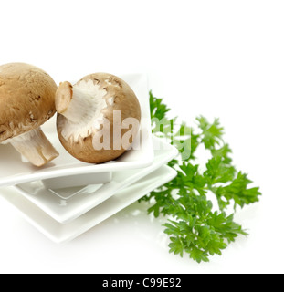 Champignons bruns dans un bol blanc , Close Up Banque D'Images