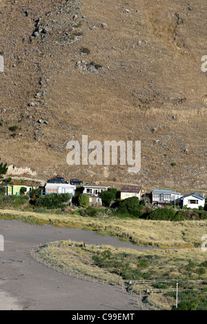 Maison de cabines sur la plage de l'erreur de Taylor sur la péninsule de Banks, Christchurch, Nouvelle-Zélande Banque D'Images