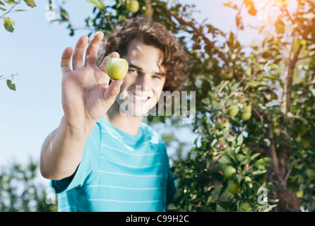Italie, Toscane, Magliano, Young man holding green olive, smiling, portrait Banque D'Images