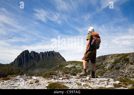 À la recherche d'un randonneur vers Cradle Mountain. Cradle Mountain-Lake St Clair National Park, Tasmanie, Austrtalia Banque D'Images