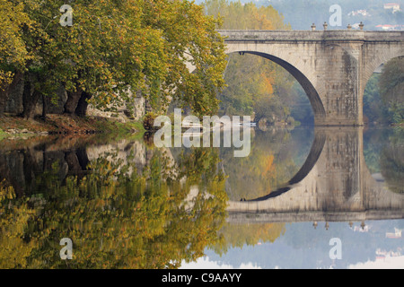 Traduit de l'arbre sur l'EAU DANS LE PAYSAGE DE LA RIVIÈRE PENDANT LA SAISON D'AUTOMNE AVEC VIEUX PONT EN ARRIÈRE-PLAN Banque D'Images